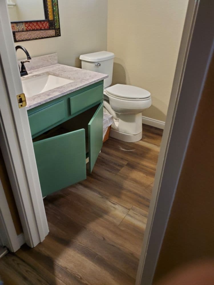 Remodeled bathroom with green vanity