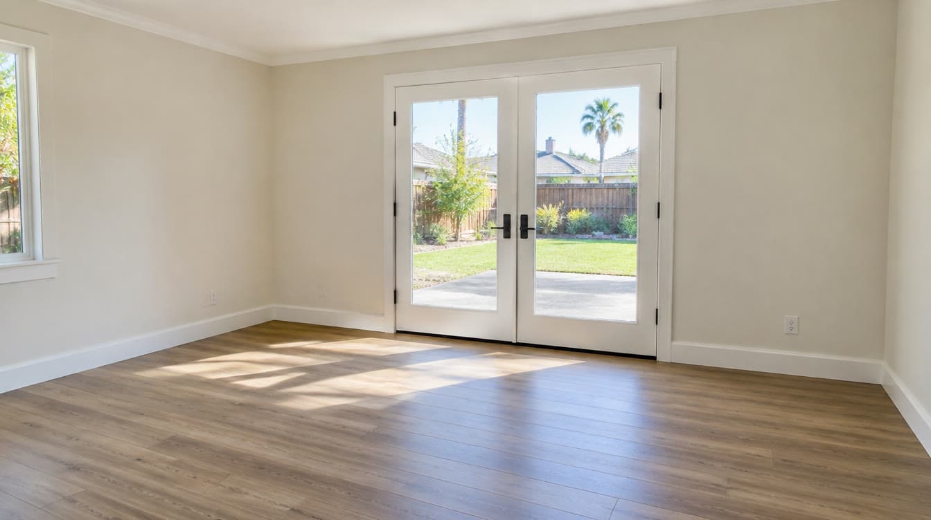 Freshly painted living room with new French doors and vinyl plank floor